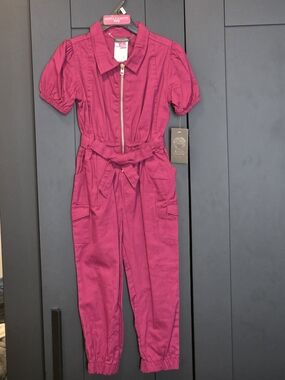 Vince Camuto Short-Sleeve Zip-Front Utility Jumpsuit in Fuchsia